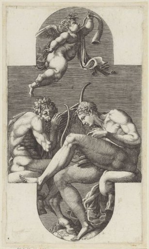Apollo, Pan and a putto blowing a horn