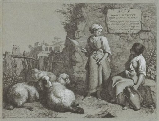 Two shepherdesses with three sheep