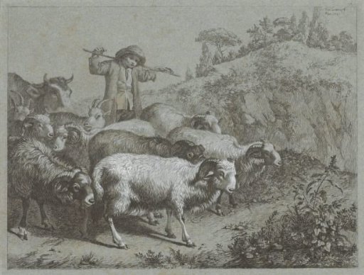 Shepherd with rams, goats and a cow