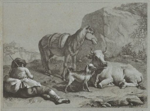 Reclining shepherd with horse, cow and dog