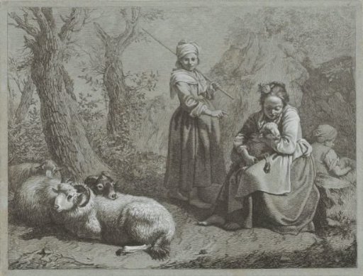 Three shepherdesses with sheep