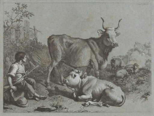 Shepherd boy with two cattle and three sheep