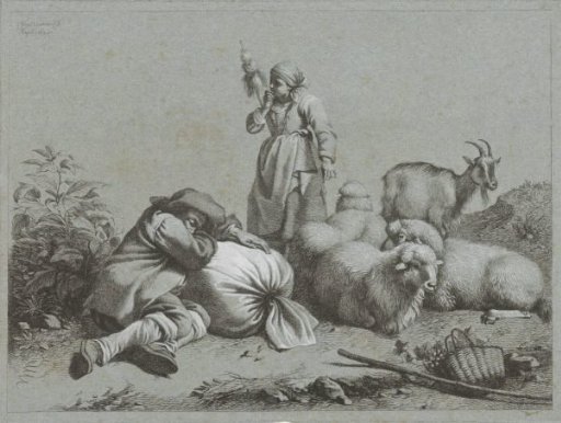 Shepherd and shepherdess with sheep and a goat