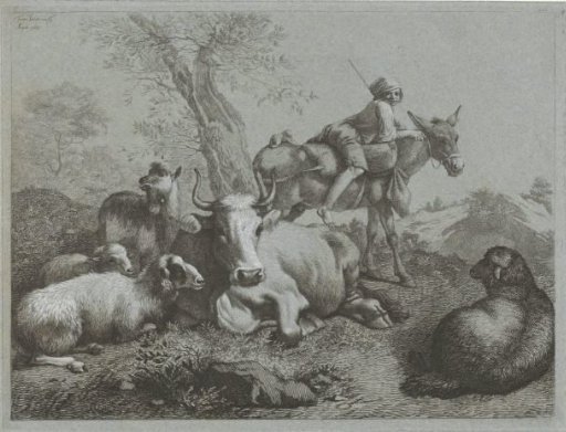 Shepherd on a donkey near a flock