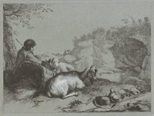Shepherd with sheep and a goat