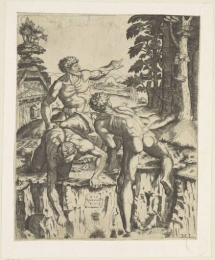 Drie naakte mannen in landschap