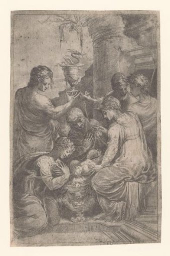 Christ in the manger with saints