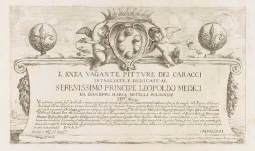 Title print with coat of arms, flanked on both sides by a putto, on a small wall with text