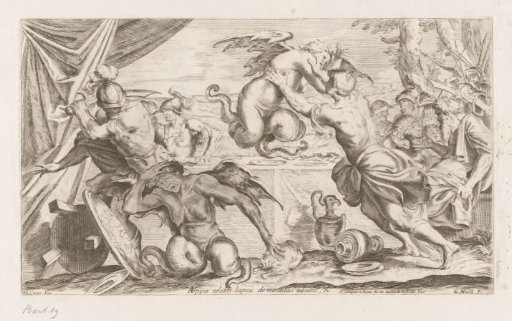Aeneas and his companions fight the Harpies