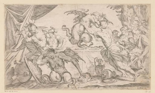 Aeneas and his companions fighting the Harpies