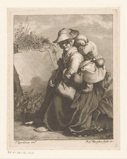 Woman with sleeping child on her back, sitting by a stone