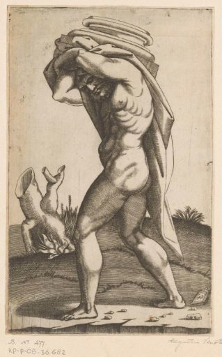 Man carrying the base of a column on his back