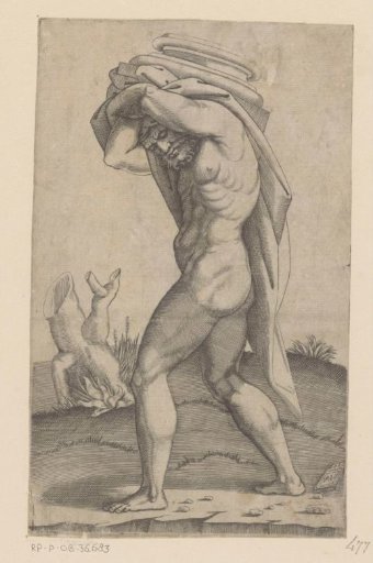 Man carrying the base of a column on his back