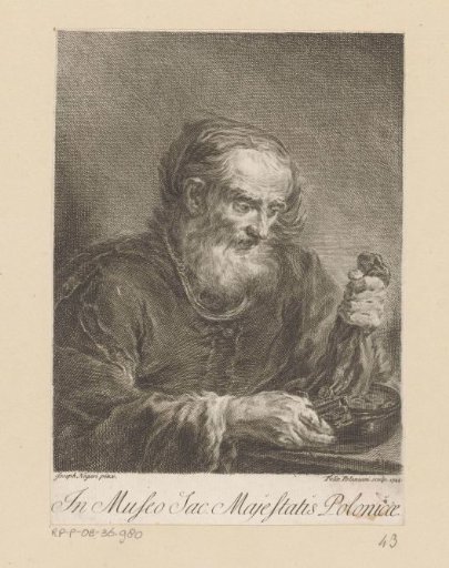 Old man emptying a bag of money, possibly Saint Peter