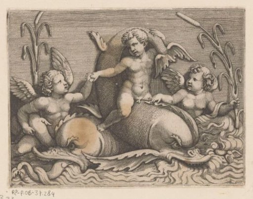 Three putti with dolphins