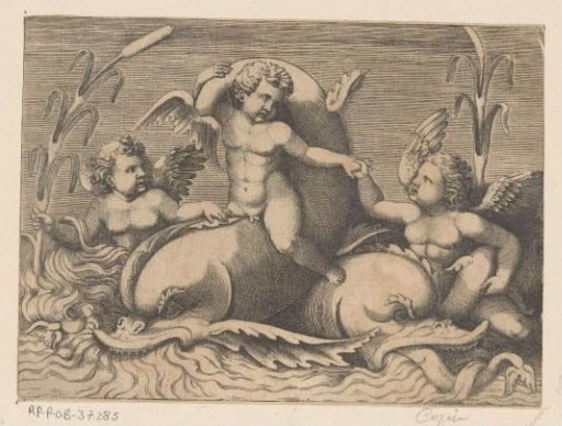 Three putti with dolphins