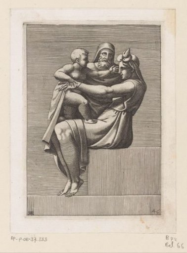Seated woman with a child and an old man