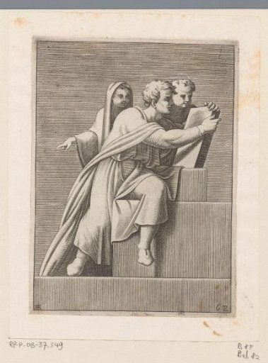 Man with a writing tablet and two children