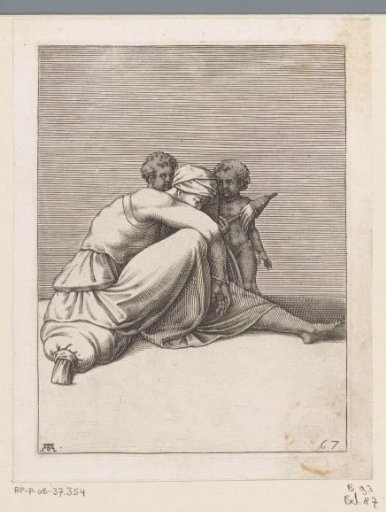 Woman with a distaff and two children