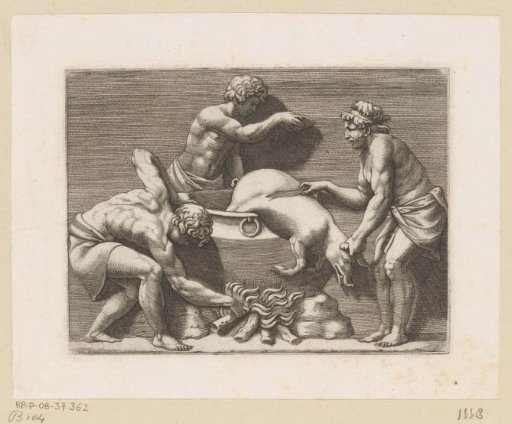Three men sacrificing a pig