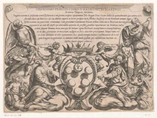 Title page with dedication to and coat of arms of Cosimo II de'Medici and representations of Justice, Prudence, Glory and Generosity