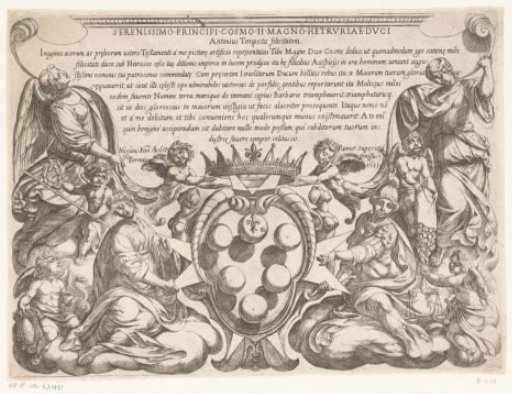 Title page with dedication to and coat of arms of Cosimo II de'Medici and representations of Justice, Prudence, Glory and Generosity