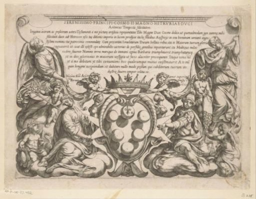 Title page with dedication to and coat of arms of Cosimo II de'Medici and representations of Justice, Prudence, Glory and Generosity