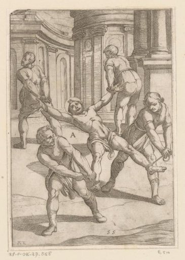 Four Men Pulling on the Limbs of a Saint