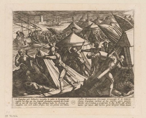 Night raid on Cerialis's army camp, his ship captured, 69-70