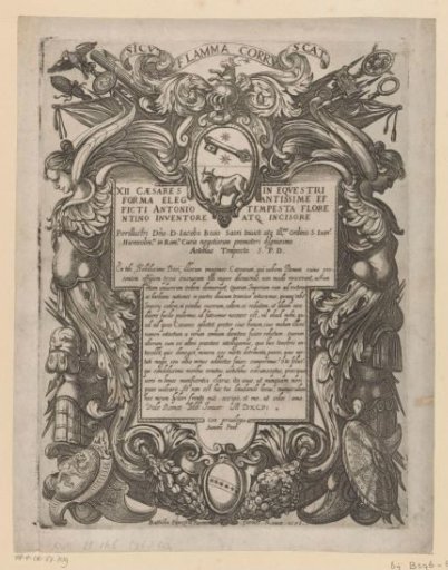 Title print with cartouche containing two winged figures, shields and arms