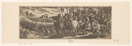 Battle scene with cavalry and trumpeter on a hill