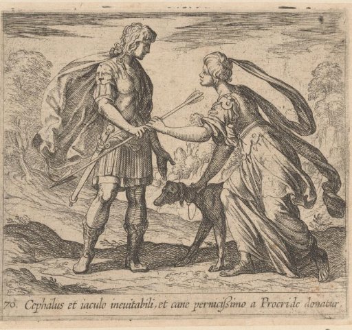 Procris giving Cephalus a dog and a magical spear