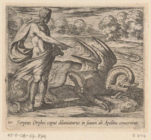 Apollo doodt de draak die het hoofd van Orpheus aanvalt