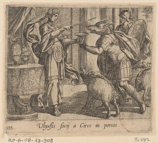 An engraving of the sorceress Circe raising her wand over a man drinking from her cup. He wears armour but his head has already become a boar's. A pig stands on the floor between them.