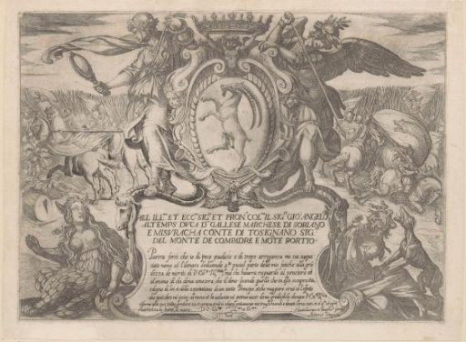 Title page with a coat of arms with a goat, flanked by Fraud and Envy