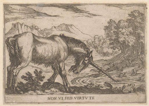 A Unicorn Chasing Lizards from a Pond