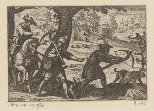 Hunters with crossbows preparing to shoot rabbits