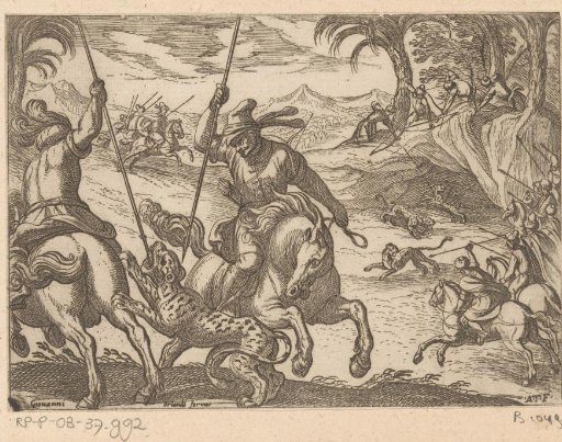 Two men on horseback killing a leopard