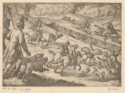 Hunters driving ostriches into a pit