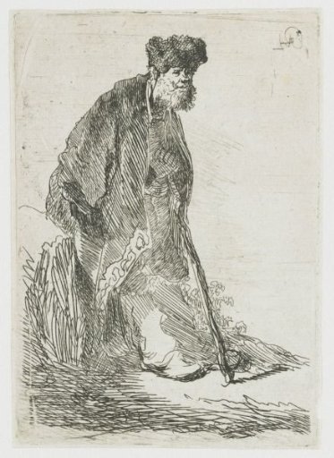 Beggar leaning against a bank