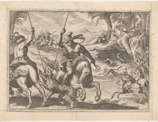 Two men on horseback killing a leopard