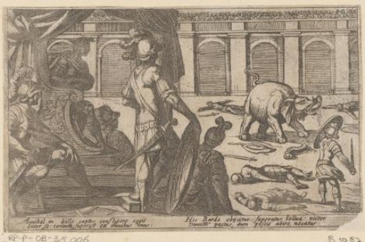 Gladiators fighting with an elephant in an arena