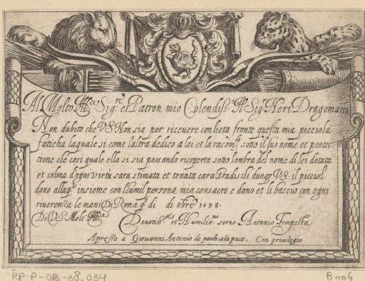 Cartouche with inscription, lion and leopard