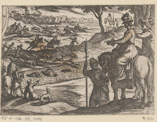 A lady watching hunters hunt animals in a pit