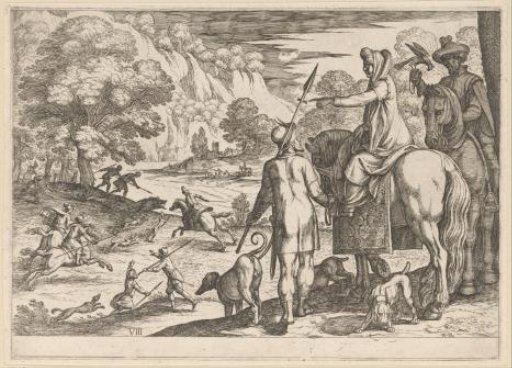 Hunting of wild boar with falcon