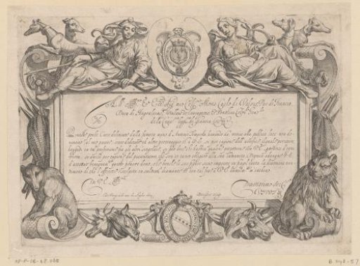 Cartouche with inscription, lion, bear, Diana, nymph and hunting dogs