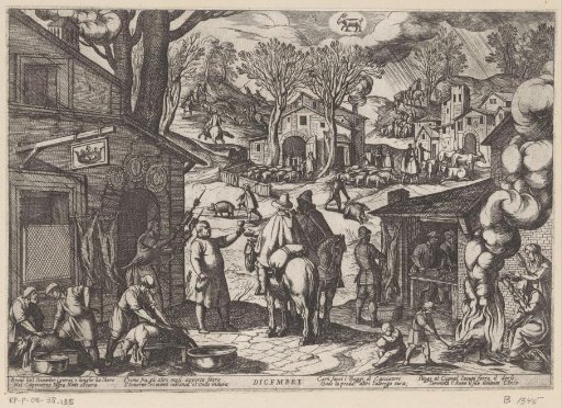December: village scene with inn (Capricorn)