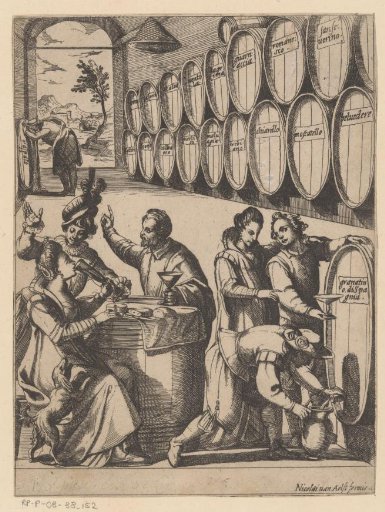 Drinking party in a wine cellar