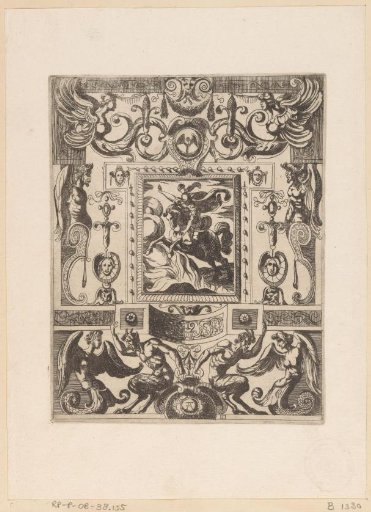 Grotesque ornament with an armed knight on horseback leaping over flames in the center