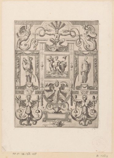 Grotesque ornament with a triton on a sea monster in the center